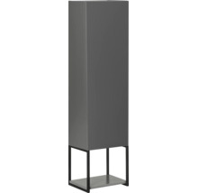 Moderner Hochschrank in Anthrazit mit schwarzem Metallgestell und unterer Ablagefläche.