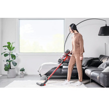Femme utilisant un aspirateur sans fil Einhell sur un tapis dans un salon moderne et lumineux avec canapé en cuir et plante verte.