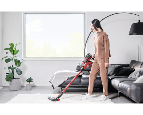 Femme utilisant un aspirateur sans fil Einhell sur un tapis dans un salon moderne et lumineux avec canapé en cuir et plante verte.