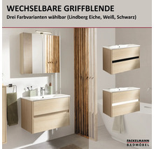 Badmöbel-Set mit Waschtischunterschrank in Eiche-Optik, Waschbecken und Spiegelschrank. Drei Griffblenden wählbar. Fackelmann Badmöbel Logo.