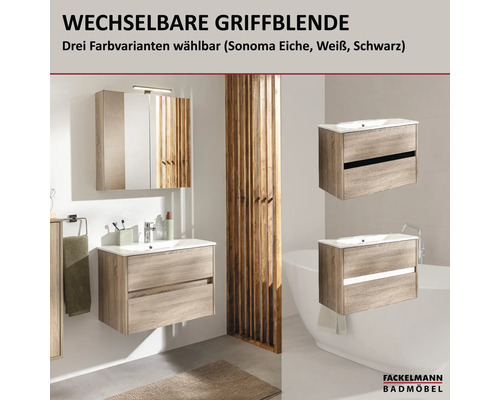 Fackelmann Waschbeckenunterschrank mit wechselbaren Griffblenden in Eiche Sonoma, Weiß und Schwarz.