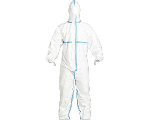 Combinaison de protection jetable avec capuche et coutures étanchées.