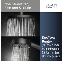 Kopfbrause und Handbrause mit Strahlarten Rain und SilkRain sowie EcoFlow-Regler für 8 Liter pro Minute bei Handbrause und 12 bei Kopfbrause.