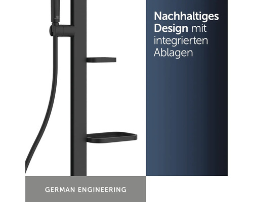 Schwarze Duschstange mit integrierten Ablagen, nachhaltigem Design und deutscher Ingenieurskunst.
