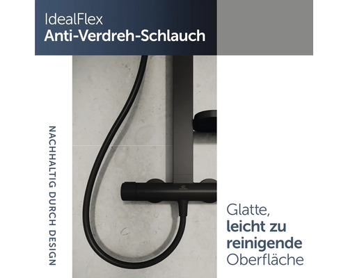 Ideal Standard Duschthermostat mit IdealFlex Anti-Verdreh-Duschschlauch, glatte und leicht zu reinigende Oberfläche.