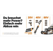 Système Worx PowerShare pour outils 20 Volt, 40 Volt et 80 Volt comme perceuses, souffleurs de feuilles et tondeuses à gazon.