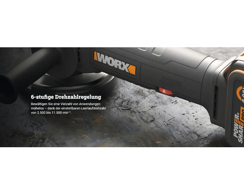 WORX Logo sur une meuleuse d'angle avec réglage de la vitesse à 6 positions de 2500 à 11500 tours par minute.