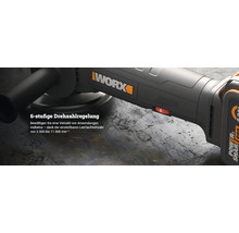 WORX Logo sur une meuleuse d'angle avec réglage de la vitesse à 6 positions de 2500 à 11500 tours par minute.