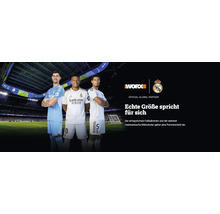 Bannière publicitaire avec trois joueurs du Real Madrid dans un stade de football, Worx Logo et Real Madrid Logo annonçant le partenariat mondial.