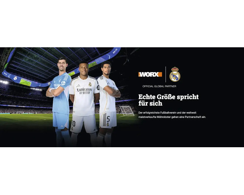 Bannière publicitaire avec trois joueurs du Real Madrid dans un stade de football, Worx Logo et Real Madrid Logo annonçant le partenariat mondial.