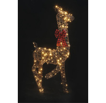 Renne LED en fil de fer avec des LED blanc chaud et un nœud à carreaux rouge et noir.