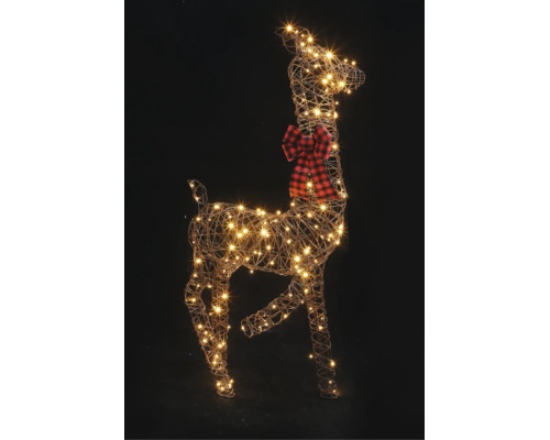 Renne LED en fil de fer avec des LED blanc chaud et un nœud à carreaux rouge et noir.