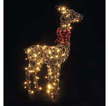 Figurine de décoration renne LED en fil de fer avec éclairage LED blanc chaud et nœud à carreaux rouge et noir.