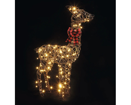 Figurine de décoration renne LED en fil de fer avec éclairage LED blanc chaud et nœud à carreaux rouge et noir.