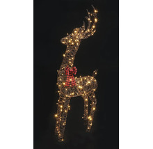 Renne de décoration à LED en fil de fer avec éclairage blanc chaud et nœud à carreaux rouges et noirs.