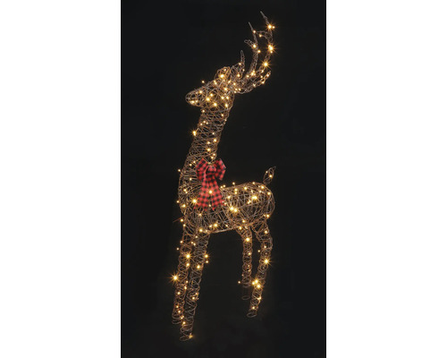 Renne de décoration à LED en fil de fer avec éclairage blanc chaud et nœud à carreaux rouges et noirs.