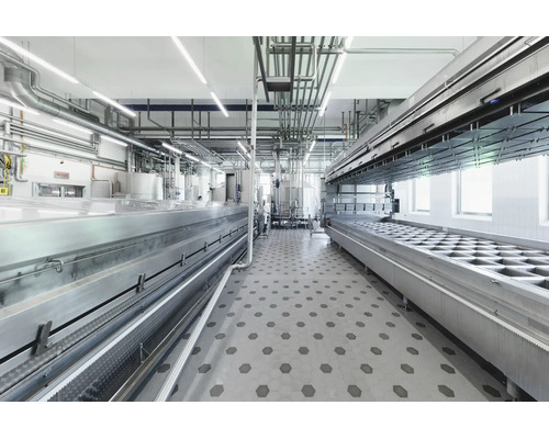 Helle Industrieanlage mit Edelstahlmaschinen, Rohrleitungen und grauem Sechskant-Fliesenboden. Organisierte, hygienische Produktionshalle.
