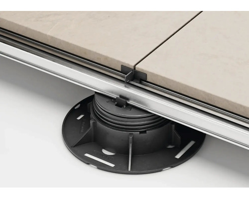 Plot réglable en hauteur pour dalles de terrasse avec profilé en aluminium et croisillon.