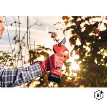 Une personne utilise un sécateur électrique Felco dans un jardin pour tailler des plantes. (Image AI modified or generated)