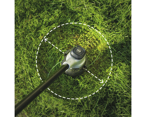 Tête de coupe-bordure Einhell sur une pelouse avec une ligne pointillée indiquant le cercle de coupe.
