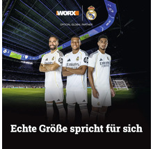 Logo Worx, Logo Real Madrid, partenaire mondial officiel, trois footballeurs dans le stade.