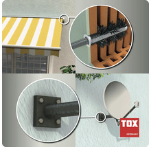 Exemples de montage de fixations pour charges lourdes TOX pour stores et paraboles sur un mur extérieur en briques creuses.