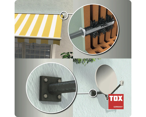 Exemples de montage de fixations pour charges lourdes TOX pour stores et paraboles sur un mur extérieur en briques creuses.