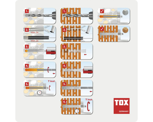 Instructions de montage pour ancrages chimiques TOX dans le béton et la brique creuse. Étapes de perçage, nettoyage, remplissage et pose de la tige.