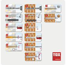Instructions de montage pour ancrages chimiques TOX dans le béton et la brique creuse. Étapes de perçage, nettoyage, remplissage et pose de la tige.