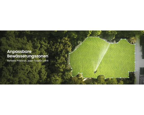 Vue aérienne d'un jardin avec un arroseur de pelouse arrosant une zone d'irrigation personnalisable sur la pelouse verte.