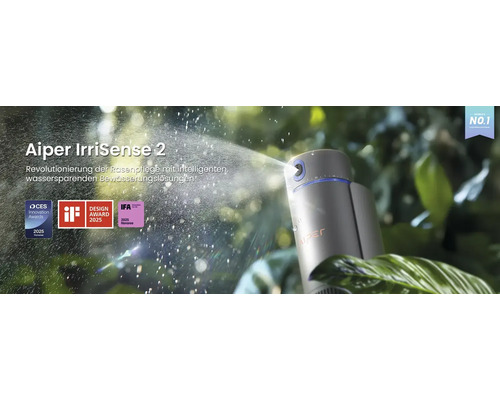 Système d irrigation intelligent Aiper IrriSense 2 pulvérisant de l eau dans le jardin, lauréat du CES Innovation Award 2025 et de l iF Design Award.