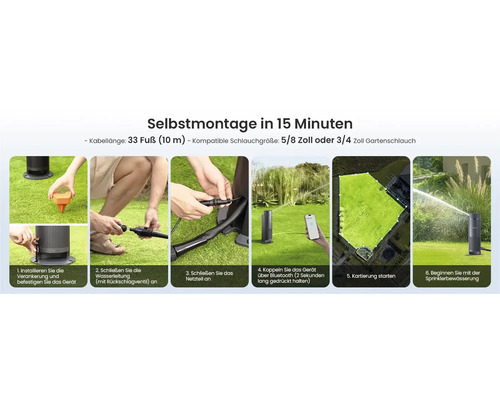 Infographie pour le montage d'un arroseur en 15 minutes en six étapes: ancrage, raccordement, couplage, cartographie et démarrage de l'arrosage.