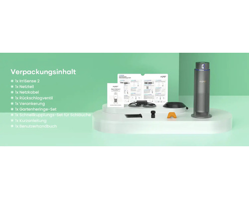 Contenu de l'Aiper IrriSense 2 : appareil, alimentation, câbles, clapet anti-retour, ancrage, piquets, raccords de tuyau et manuels.