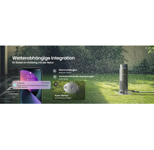 Système d'arrosage intelligent avec notification d'application smartphone en cas de pluie, capteur de pluie et unité de commande dans le jardin.