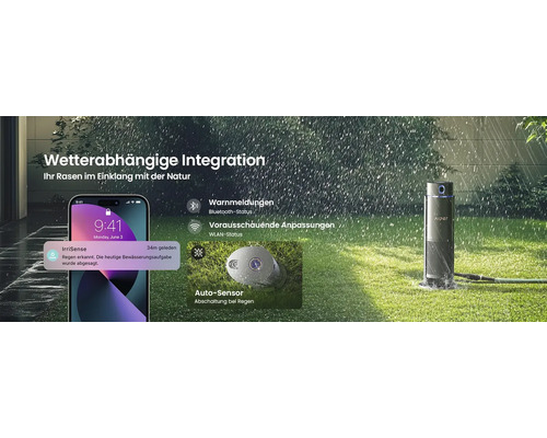 Système d'arrosage intelligent avec notification d'application smartphone en cas de pluie, capteur de pluie et unité de commande dans le jardin.
