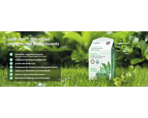 Amendement organique microbien Aiper SoilPulse sur pelouse. Nourrit le sol. Aiper Logo. Fabriqué aux États-Unis.