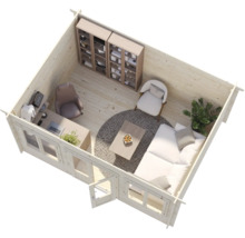 Abri de jardin en bois aménagé de façon moderne avec bureau, canapé, fauteuil et bibliothèques dans une atmosphère lumineuse et organisée.