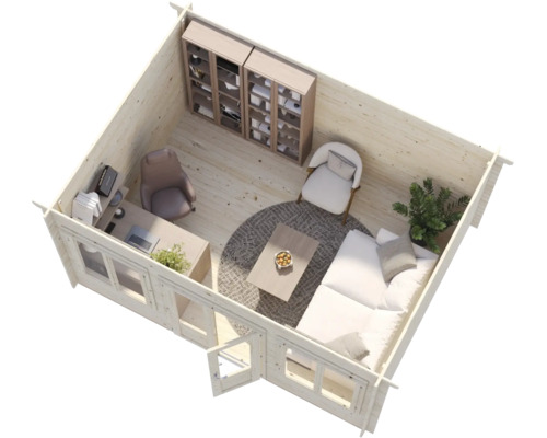 Abri de jardin en bois aménagé de façon moderne avec bureau, canapé, fauteuil et bibliothèques dans une atmosphère lumineuse et organisée.