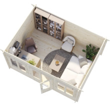 Vue intérieure d'un abri de jardin en bois clair avec espace de travail, canapé, fauteuils, étagères et table basse sur un tapis.