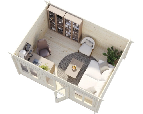 Vue intérieure d'un abri de jardin en bois clair avec espace de travail, canapé, fauteuils, étagères et table basse sur un tapis.