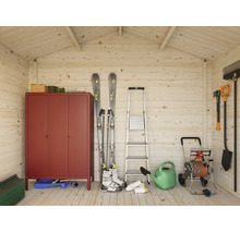Intérieur d'un abri de jardin en bois clair et organisé avec armoire, échelle, dévidoir, skis et outils de jardin au mur.