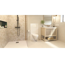 Salle de bain moderne avec douche à l'italienne, WC suspendu, meuble vasque en bois, miroir et appliques murales au design clair et organisé.