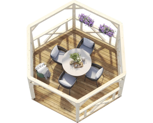 Pavillon Palmako Betty 9,9 m² sechseckig mit Geländer ohne Fußboden 384 x 339 cm tauchgrundiert braun