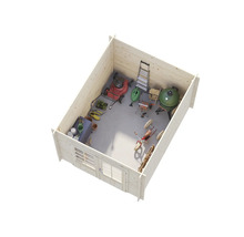 Vue intérieure d'un abri de jardin en bois avec tondeuse, échelle, barbecue et accessoires de jardin pour un rangement organisé.