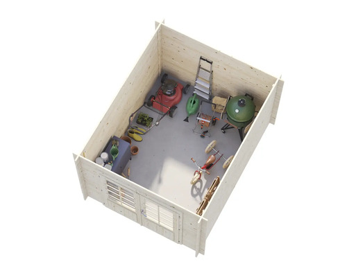 Vue intérieure d'un abri de jardin en bois avec tondeuse, échelle, barbecue et accessoires de jardin pour un rangement organisé.