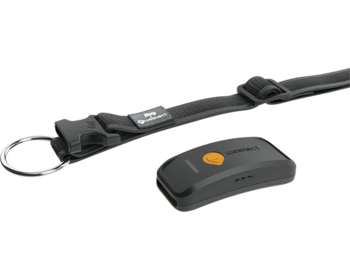 Weenect GPS-Tracker für Haustiere mit passendem Halsband inklusive Klickverschluss und Befestigungsring.