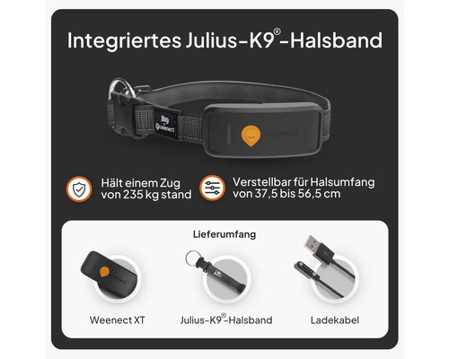 Weenect GPS-Tracker für Hunde mit integriertem Julius-K9 Halsband, inklusive Weenect XT Tracker und Ladekabel.