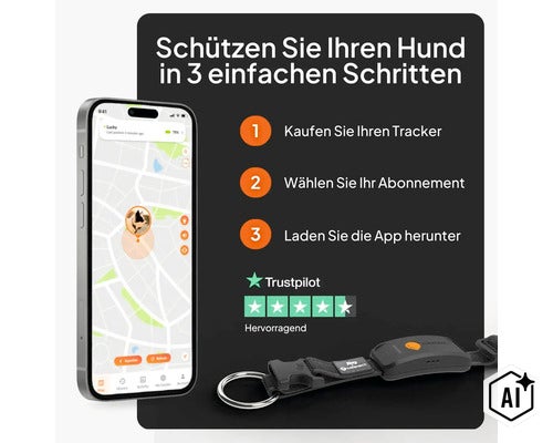 Infografik für Weenect GPS-Tracker für Hunde mit App, drei Schritten zur Einrichtung und Trustpilot-Bewertung. (Image AI modified or generated)