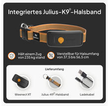 Julius-K9 Halsband mit Weenect GPS Tracker, verstellbar von 37,5 bis 56,5 Zentimeter. Lieferumfang: Tracker, Halsband und Ladekabel.