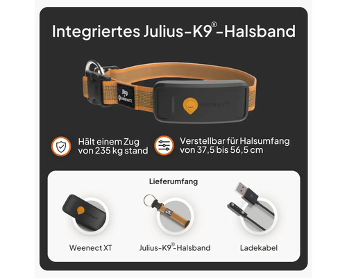 Julius-K9 Halsband mit Weenect GPS Tracker, verstellbar von 37,5 bis 56,5 Zentimeter. Lieferumfang: Tracker, Halsband und Ladekabel.